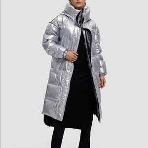 Silver metallic long puffer coat.